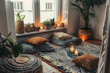 Cozy Mindfulness Corner with Cushions, Candles, and Plants - Perfect for Relaxation and Meditation