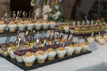 Banquet table at the celebration. Prepared food on the tables.