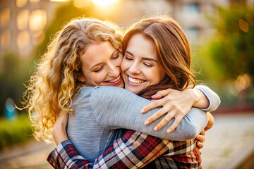 Fototapeta premium A genuine emotional connection as well as a sincere hug friend after a long time