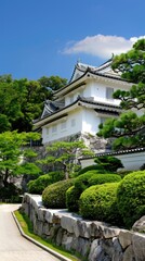 A serene Japanese garden courtyard with lush greenery, stone pathways, and towering pine trees