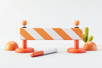 3D render of a construction barrier with orange elements, symbolizing roadwork caution, safety, and infrastructure development on white background.