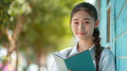 Fototapeta premium Realistic photo of gorgeous girl supermodel in uniform smiling at camera. High resolution portrait of professional model posing in perfect lighting environment.