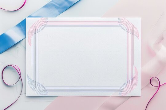 A minimalist certificate with a simple white background and a delicate pink and blue border.