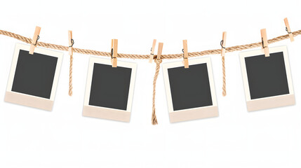 Four blank polaroid frames and clothespins attached to a rope isolated on white background. Clipping Path Included.