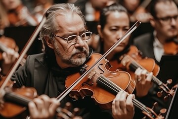 Mature Male Violinist Performing With Orchestra During Concert