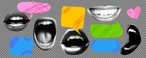 A set of speech ballons with halftone lips and mouth. Scream and talk. Vintage texture graphic design vector elements with scribble doodles on the transparent bg as a png.