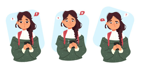Vector illustration of a girl with phone and different emotion as a happy and doubt and Surprise about message notification. Woman using social media. Student character. Cartoon art with textures