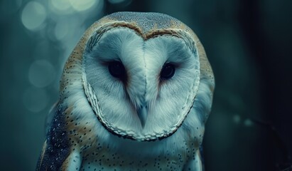 barn owl's face, focusing on its black eyes and white beak banner with empty space Generative AI