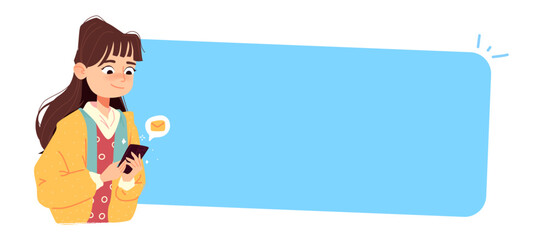 The banner with a girl who using her phone. Social media concept. Speech bubble with message. Kids illustration of student character. Trendy art with blue background with space for text .