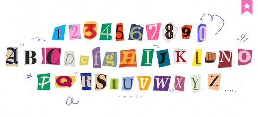 Set of magazine cutout alphabet font. Cut letter. Typography type from newspaper. Pop art clipping word. Vector crime grunge illustration with ripped and torn elements