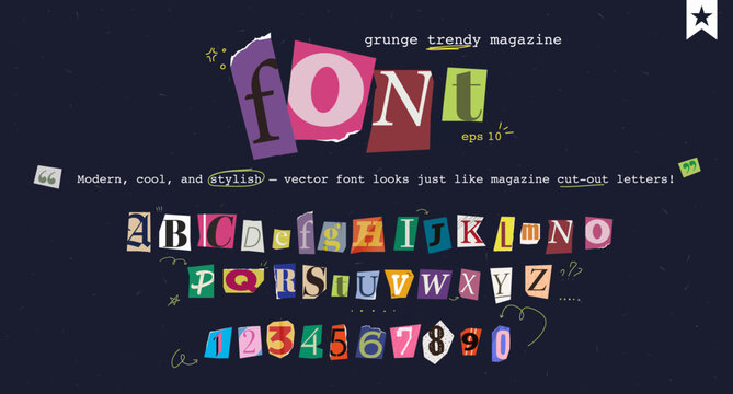 Naklejki Set of magazine cutout alphabet font. Cut letter. Typography type from newspaper. Pop art clipping word. Vector crime grunge illustration with ripped and torn elements