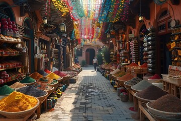 Obraz premium Colorful spices displayed along a narrow street, creating a vibrant and aromatic scene.