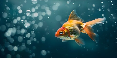 Goldfish exploring a deep blue sea filled with bubbles and coral. Concept Underwater Adventure, Goldfish Exploration, Deep Blue Sea, Bubbles and Coral, Aquatic Wonder