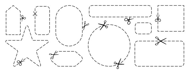 Cut here icon. Set of scissors cutting shape, paper cut here icon with dotted line for ticket, coupon, promo code.