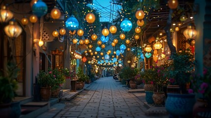 A street with numerous lanterns hanging from the ceiling, creating a warm and inviting atmosphere.