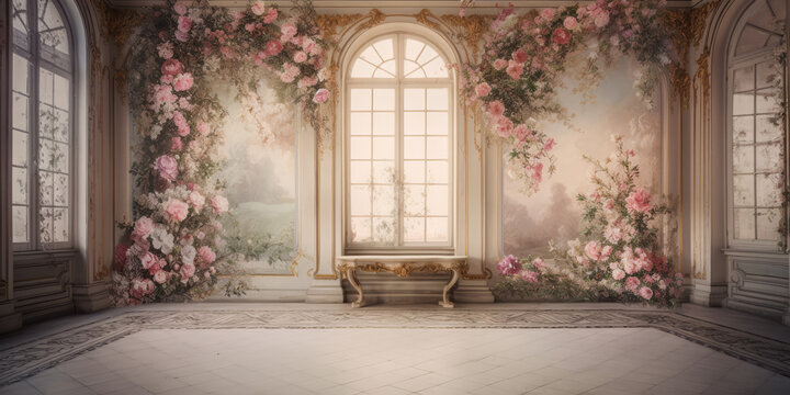 Luxury Palace Interior decorated with pink roses flowers. Palace Interior background. Wedding interior