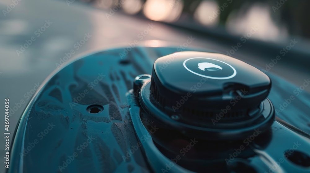 Poster a macro image of the power button on an electric skateboard with its sleek and simple design.