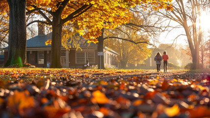 Students heading to school on the first autumn day. Beginning of the school year at an old school with yellow leaves in the yard. Joy and anticipation of the new school year.