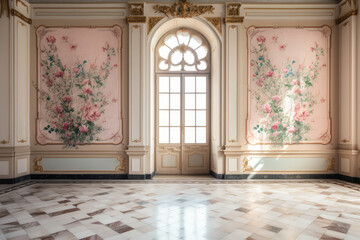 Luxury Palace hall Interior with big windows and pink walls decorated with frescoes and murals roses and flowers compositions. Wedding background. Classic castle interior