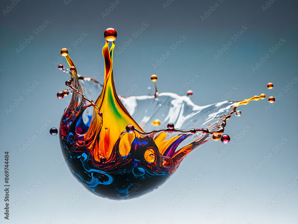 Poster a colorful collision of water and light, a high-speed photograph capturing the magical moment when a