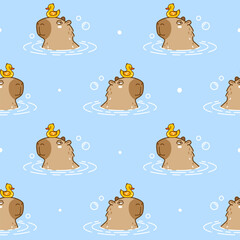 Seamless pattern with cute сartoon capybaras swimming with bath duck  - funny animal background for Your textile and wrapping paper design 2