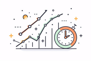 Abstract illustration of data visualization with graph lines, dots, and a stopwatch