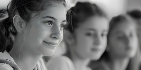 Obraz premium Black and white photo of students in classroom collaborating in group discussion. Concept Classroom Collaboration, Black and White Photography, Student Discussions, Group Work, Academic Setting