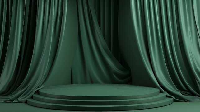 The circular podium, surrounded by luxurious emerald curtains, provides a sophisticated venue for events, showcasing artistic arrangements and stylish backdrops to create a graceful setting