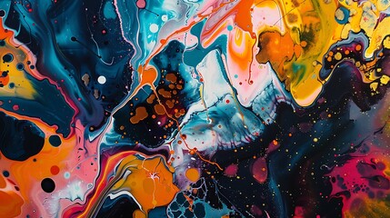 Abstract shapes and vibrant colors intertwine with playful splashes of liquid joy on a textured canvas, creating a dynamic tapestry of expression and creativity.