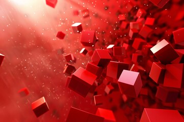 A mesmerizing display of floating red cubes set against a vibrant red background, creating a sense of motion and depth.
