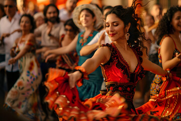 A vibrant photo of a group of friends enjoying a flamenco performance in Spain, with dancers in vibrant dresses and a lively audience