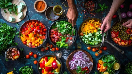 Colorful fresh vegetable salad preparation, vibrant ingredients in bowls, hand preparing healthy vegetarian dish, top view.
