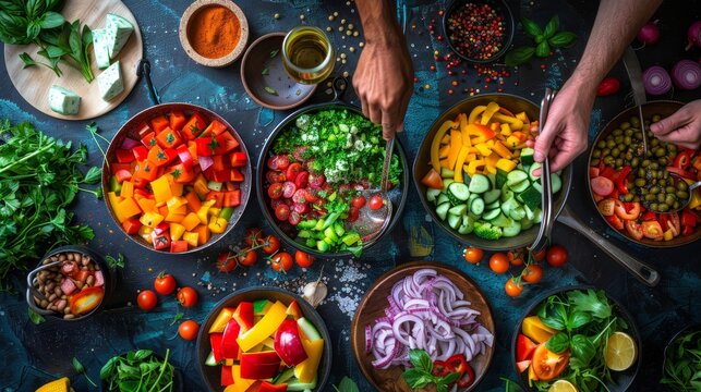 Colorful fresh vegetable salad preparation, vibrant ingredients in bowls, hand preparing healthy vegetarian dish, top view.