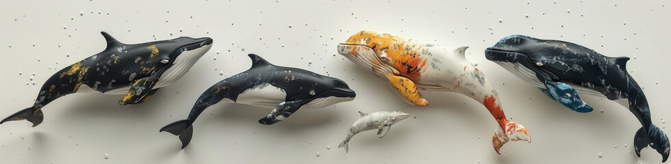 8 different types of whales in realistic photos with a white background and high detail in the style of different artists.