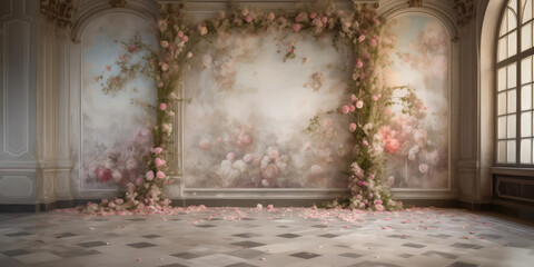 Luxury Palace Interior decorated with roses flowers. Palace Interior background, copy space