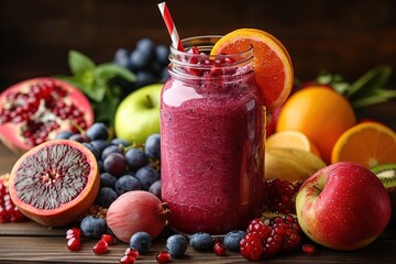 A colorful smoothie in a glass jar with a straw, surrounded by fresh fruits and vegetables on a white wooden background.