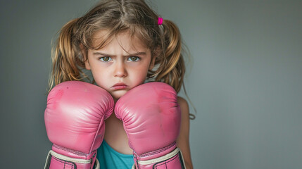 Small girl kid in pink boxing gloves, angry and serious expression - she's ready to fight. Wide banner copy space on side.