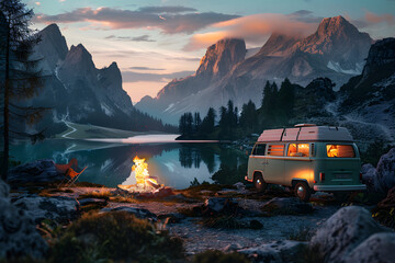 A detailed photo of a vintage camper van parked in a picturesque location with mountains in the background and a campfire in the foreground 