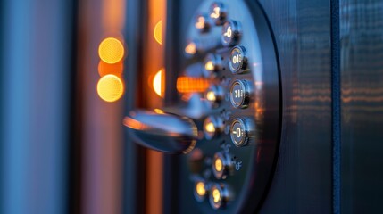 A macro shot of the keypad on a smart door lock highlighting the individual buttons and their numbers. The LED backlight adds a touch of modernity and convenience.