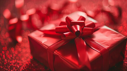 Obraz premium Elegant red gift box wrapped with a shiny ribbon, set against a sparkling red background, capturing the festive holiday spirit