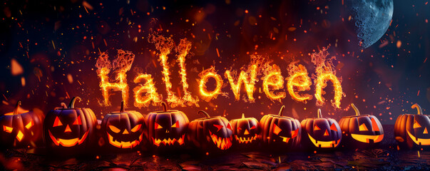 Halloween banner with glowing halloween fire text and spooky scarey pumpkins