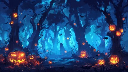 Fototapeta premium Spooky dark forest with glowing Jack-o'-lanterns, eerie atmosphere, and blue lighting, perfect for Halloween themes and haunted scenes.