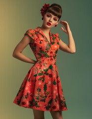 Woman in Christmas dress on a plain gradient background. Studio lighting, Colorful makeup and retro hairstyle for Christmas. Beautiful pinup girl with Christmas pin-up makeup