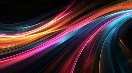 Colorful, flowing light streaks creating a dynamic wave pattern against a dark background, representing energy and motion