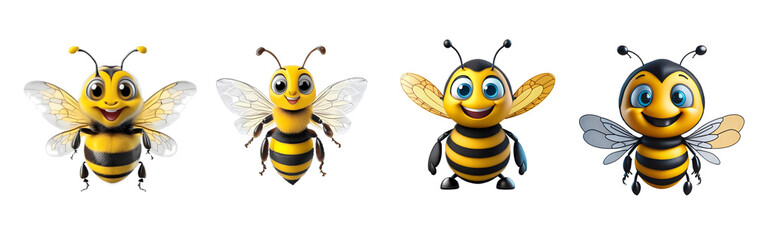 Set of cartoon bees with different expressions isolated