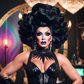 Una encantadora drag queen con un peinado muy alocado y sofisticado