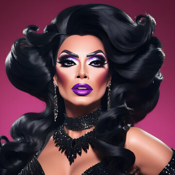 Una encantadora drag queen con un peinado muy alocado y unos caireles muy apretados