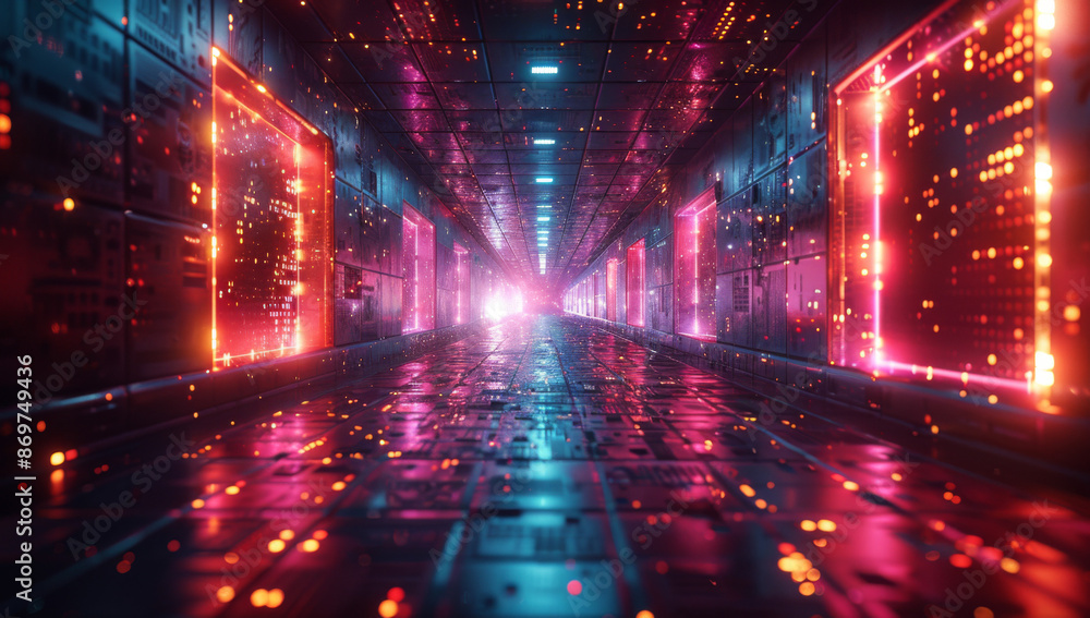Poster a dark background with neon lights and floating geometric shapes, representing the digital world of 