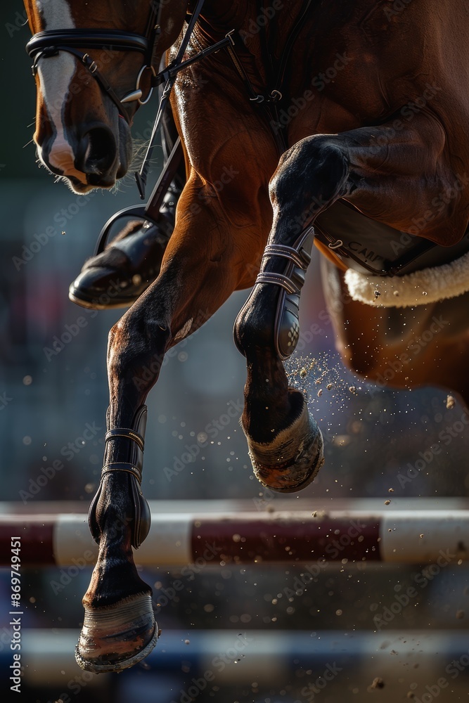 Poster dynamic equestrian horse jumping over obstacle in action-packed scene for sport event features