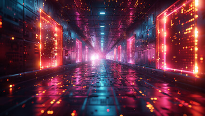 A dark background with neon lights and floating geometric shapes, representing the digital world of video games and gaming aesthetics.